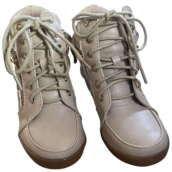 Lucky Top Kids Girls Leatherette Lace-Up High Top Hidden Wedge Beige Sneakers - Picture 4 of 8